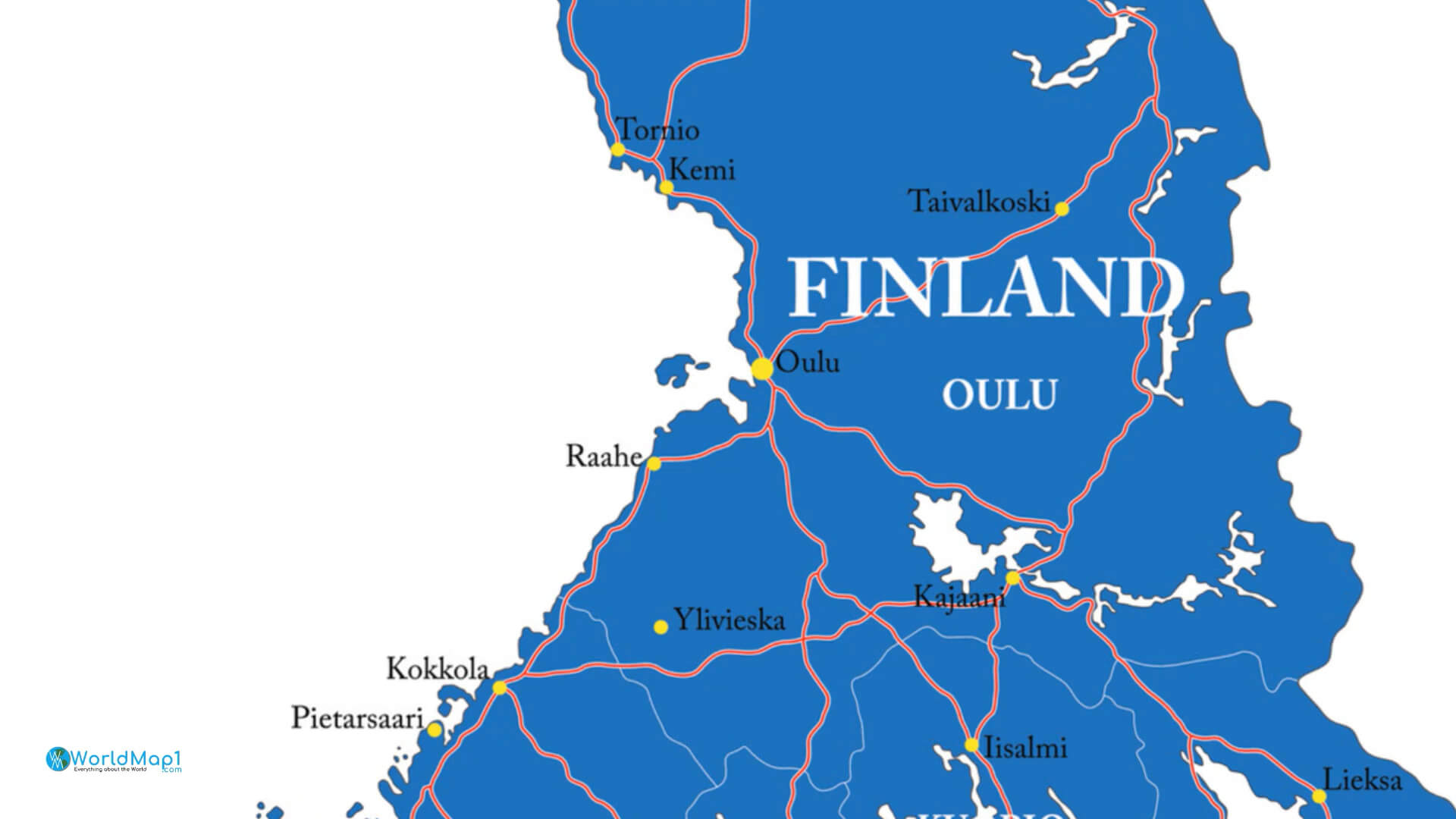 Carte routière d'Oulu et du nord de la Finlande